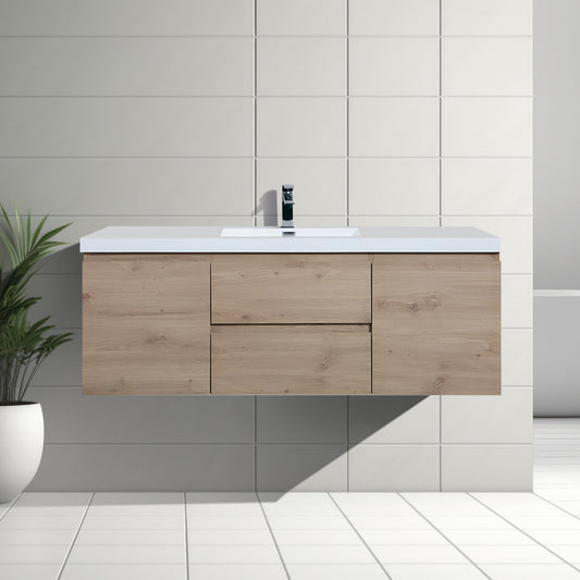 60’’ Wall Mount Single Bathroom Vanity in Oak with White Integrated Single Sink LV13-60S - Bathroom Vanities