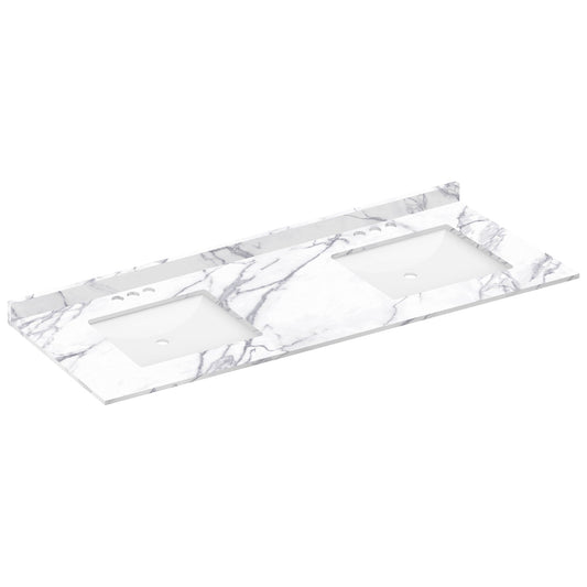 61 W x 22 L Calacatta White Vanity Top with Two Square Sinks - 4 in Faucet Spread - Vanity Tops