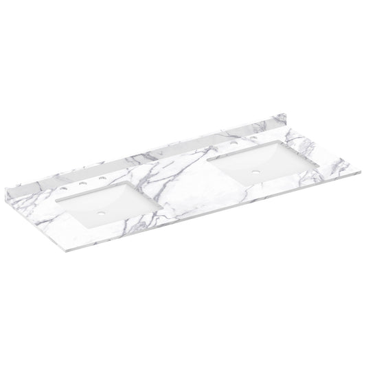 61 W x 22 L Calacatta White Vanity Top with Two Square Sinks - 8 in Faucet Spread - Vanity Tops