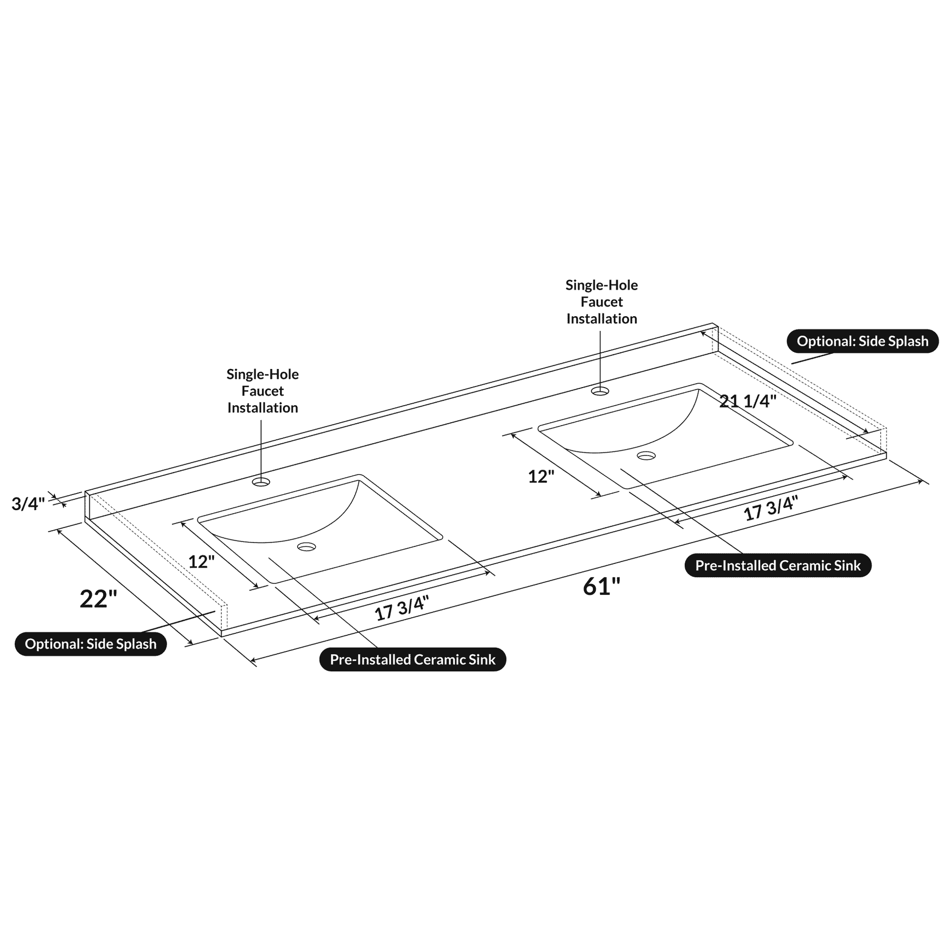 61 W x 22 L Calacatta White Vanity Top with Two Square Sinks - Single Faucet - Vanity Tops