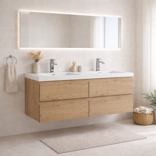 72" Wall Mount Double Bathroom Vanity in Oak with White Integrated Double Sink LV13-72D