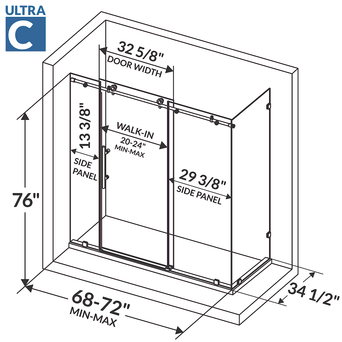 68-72 W x 76 H x 34 1/2 D Sliding Frameless Shower Enclosure ULTRA-C with Clear Glass in Matte Black - Shower Doors