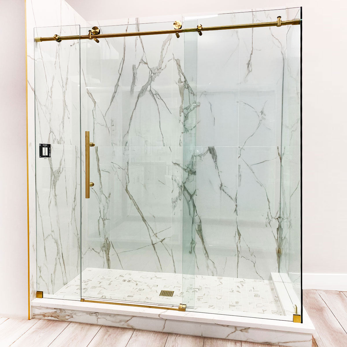 68-72 W x 76 H x 34 1/2 D Sliding Frameless Shower Enclosure ULTRA-C with Clear Glass in Gold - Shower Doors