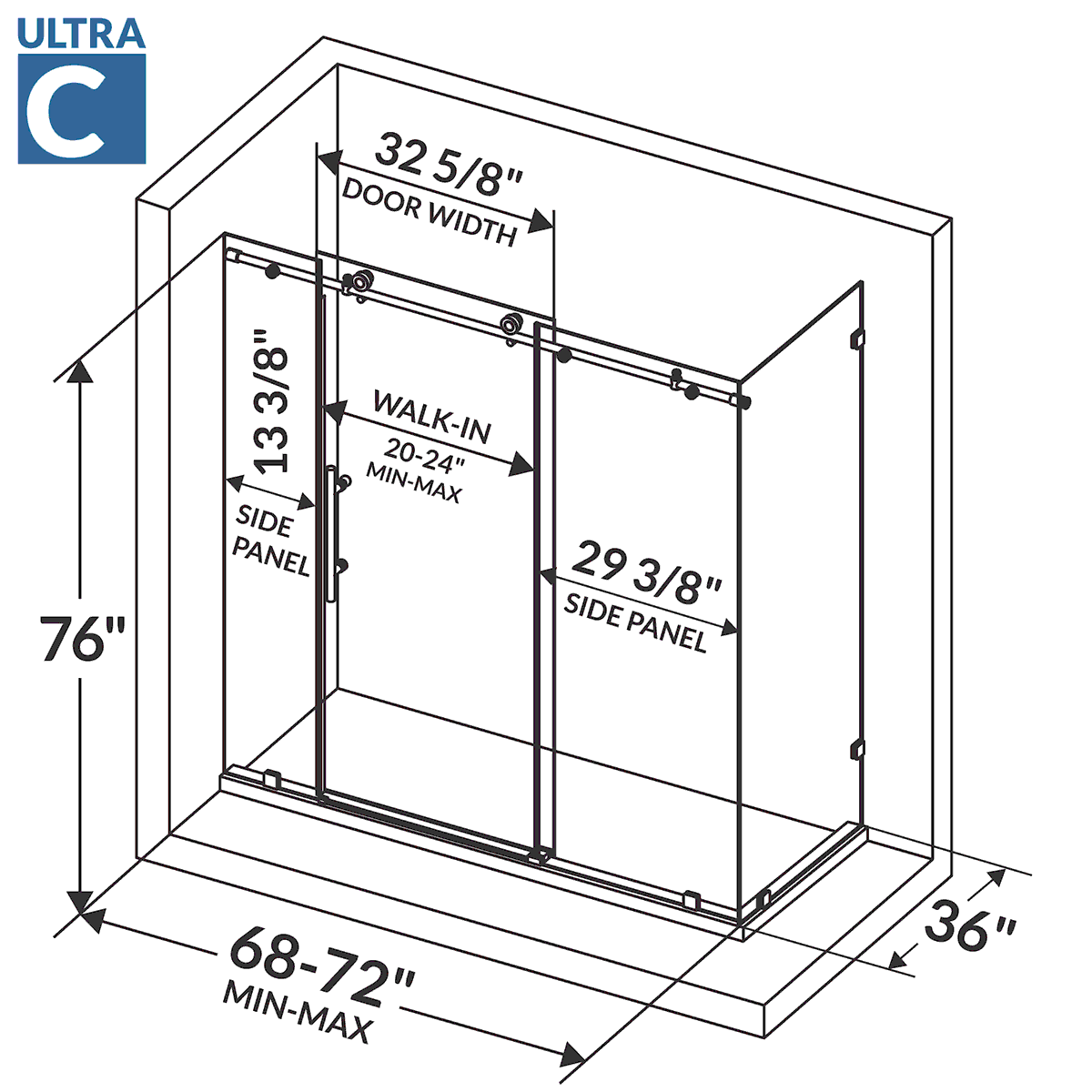 68-72 W x 76 H x 36 D Sliding Frameless Shower Enclosure ULTRA-C with Clear Glass in Gold - Shower Doors