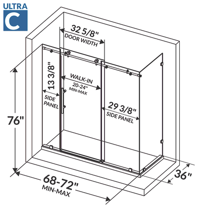 68-72 W x 76 H x 36 D Sliding Frameless Shower Enclosure ULTRA-C with Clear Glass in Gold - Shower Doors