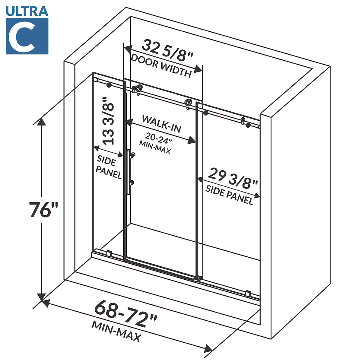 68-72 W x 76 H Sliding Frameless Shower Door ULTRA-C with Clear Glass in Matte Black - Shower Doors