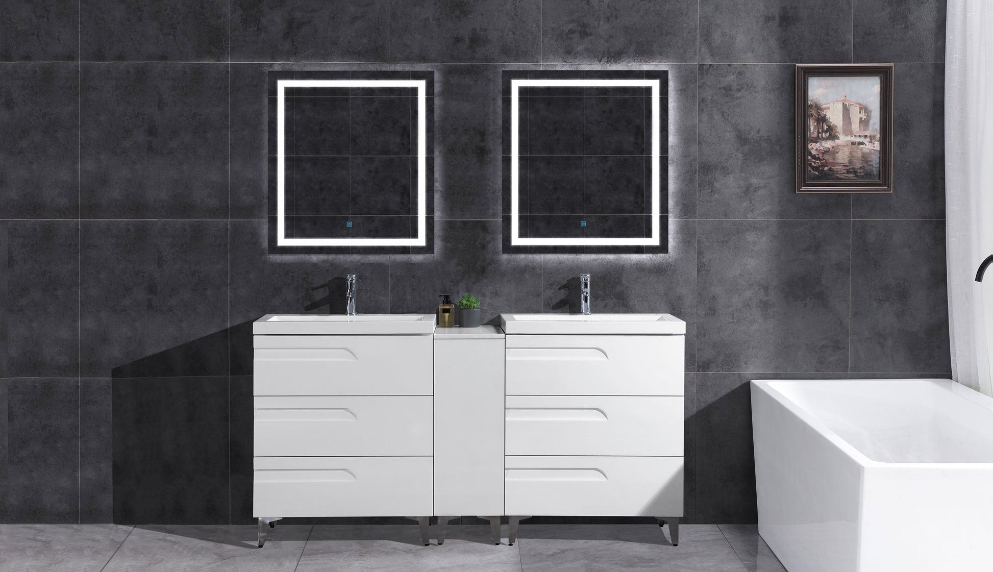 72’’ Freestanding Vanity Set in White Gloss with Two Square Sinks (LV7-C14B-72W) Style 7 - Bathroom Vanities