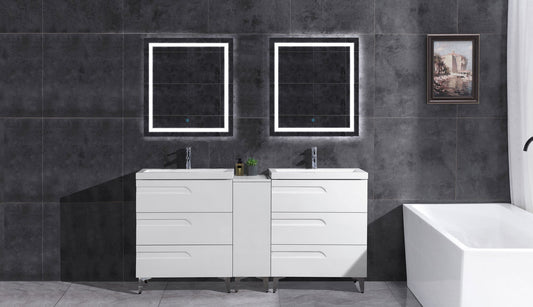 72’’ Freestanding Vanity Set in White Gloss with Two Square Sinks (LV7-C14B-72W) Style 7 - Bathroom Vanities