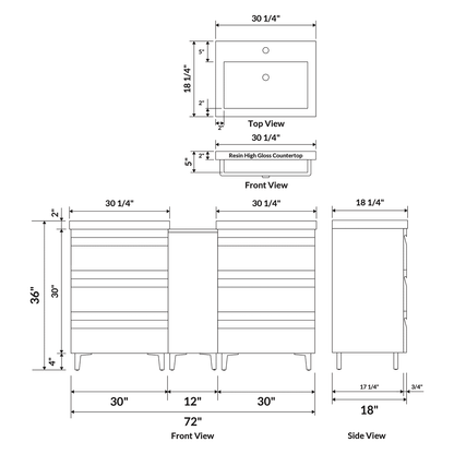 72’’ Freestanding Vanity Set in White Gloss with Two Square Sinks (LV8-C14B-72W) Style 8 - Bathroom Vanities