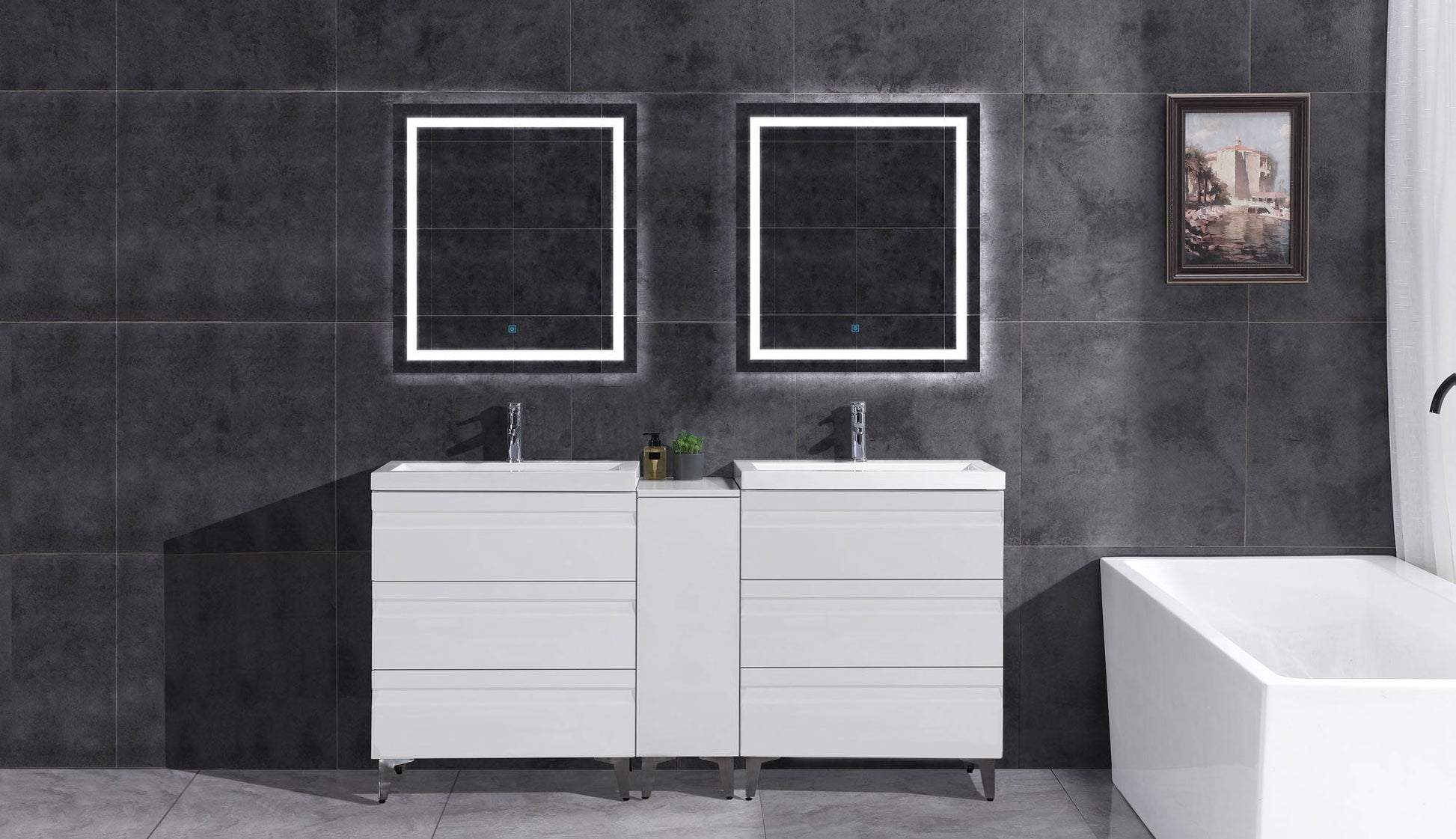72’’ Freestanding Vanity Set in White Gloss with Two Square Sinks (LV8-C14B-72W) Style 8 - Bathroom Vanities