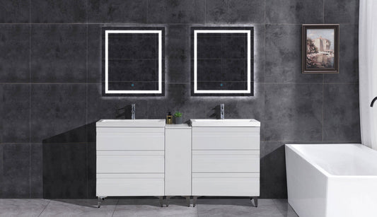 72’’ Freestanding Vanity Set in White Gloss with Two Square Sinks (LV8-C14B-72W) Style 8 - Bathroom Vanities