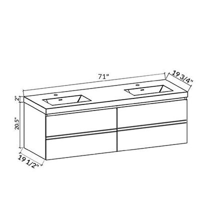 72’’ Wall Mount Double Bathroom Vanity in Oak with White Integrated Double Sink LV13-72D - Bathroom Vanities