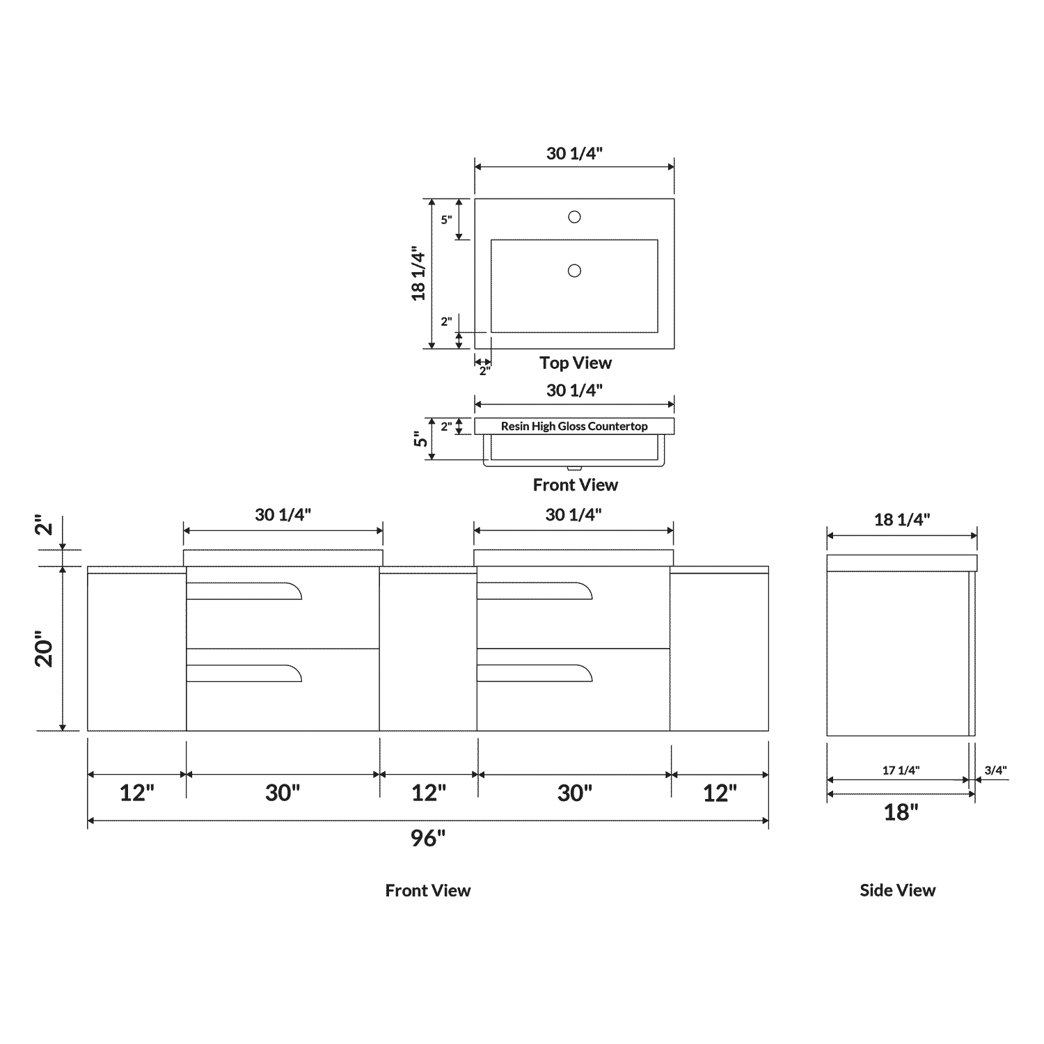 96’’ Freestanding Vanity Set in White Gloss with Two Square Sinks (LV7-C20W-96W) Style 7 - Bathroom Vanities