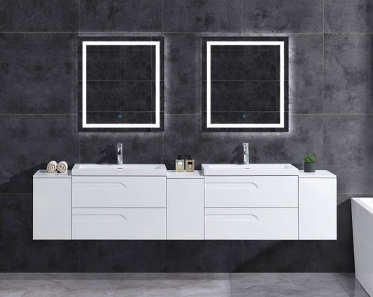 96’’ Freestanding Vanity Set in White Gloss with Two Square Sinks (LV7-C20W-96W) Style 7 - Bathroom Vanities