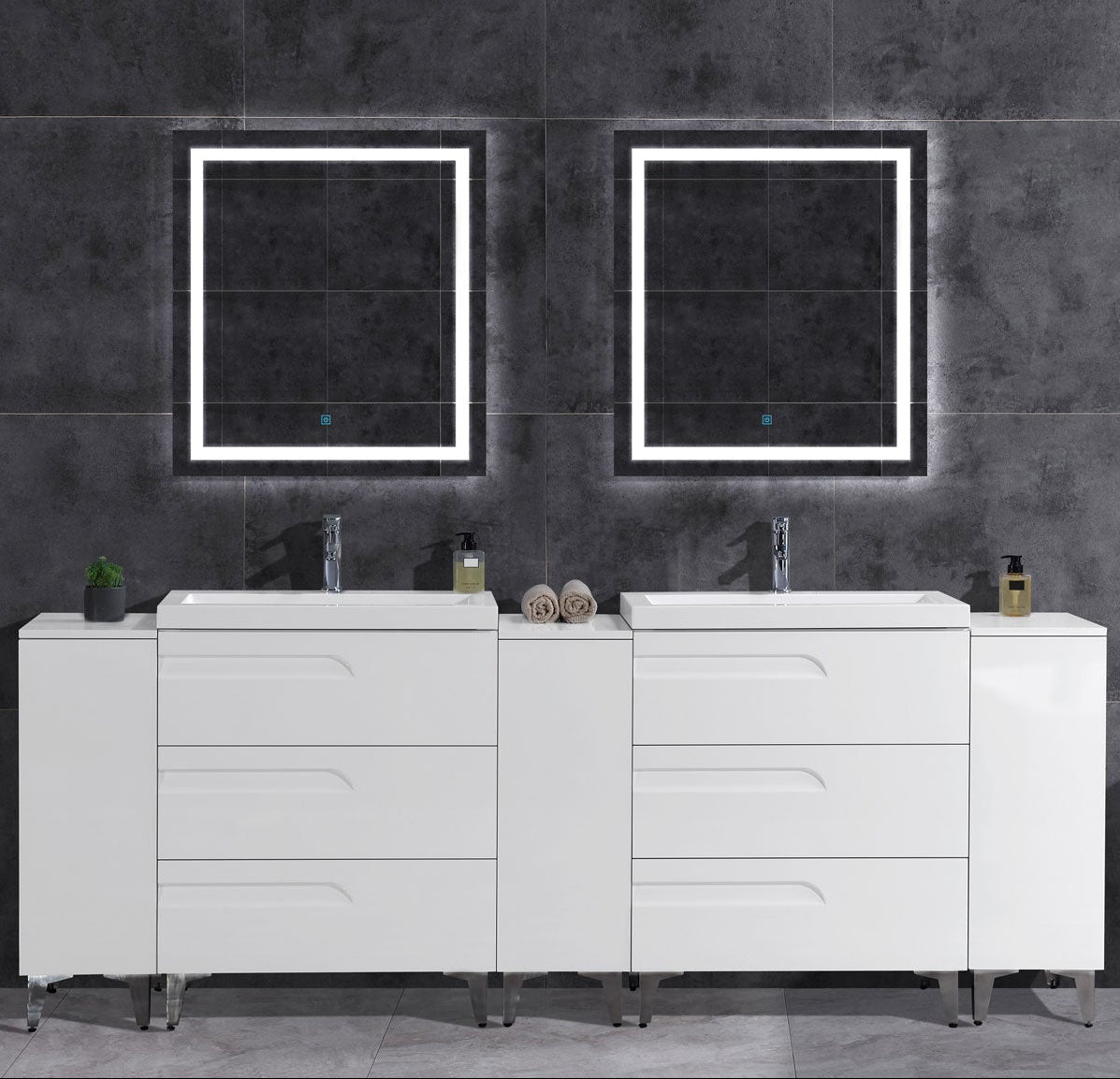 96’’ Freestanding Vanity Set in White Gloss with Two Square Sinks (LV7-C20B-96W) Style 7 - Bathroom Vanities