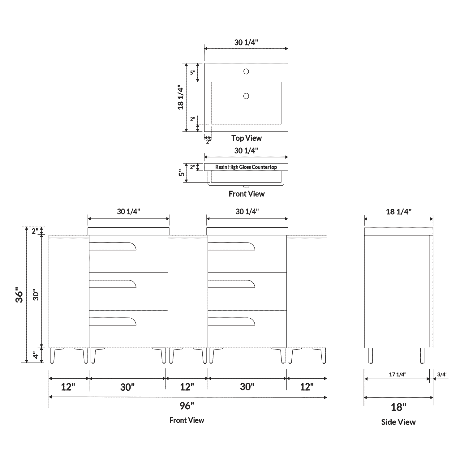 96’’ Freestanding Vanity Set in White Gloss with Two Square Sinks (LV7-C20B-96W) Style 7 - Bathroom Vanities