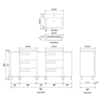 96’’ Freestanding Vanity Set in White Gloss with Two Square Sinks (LV7-C20B-96W) Style 7 - Bathroom Vanities