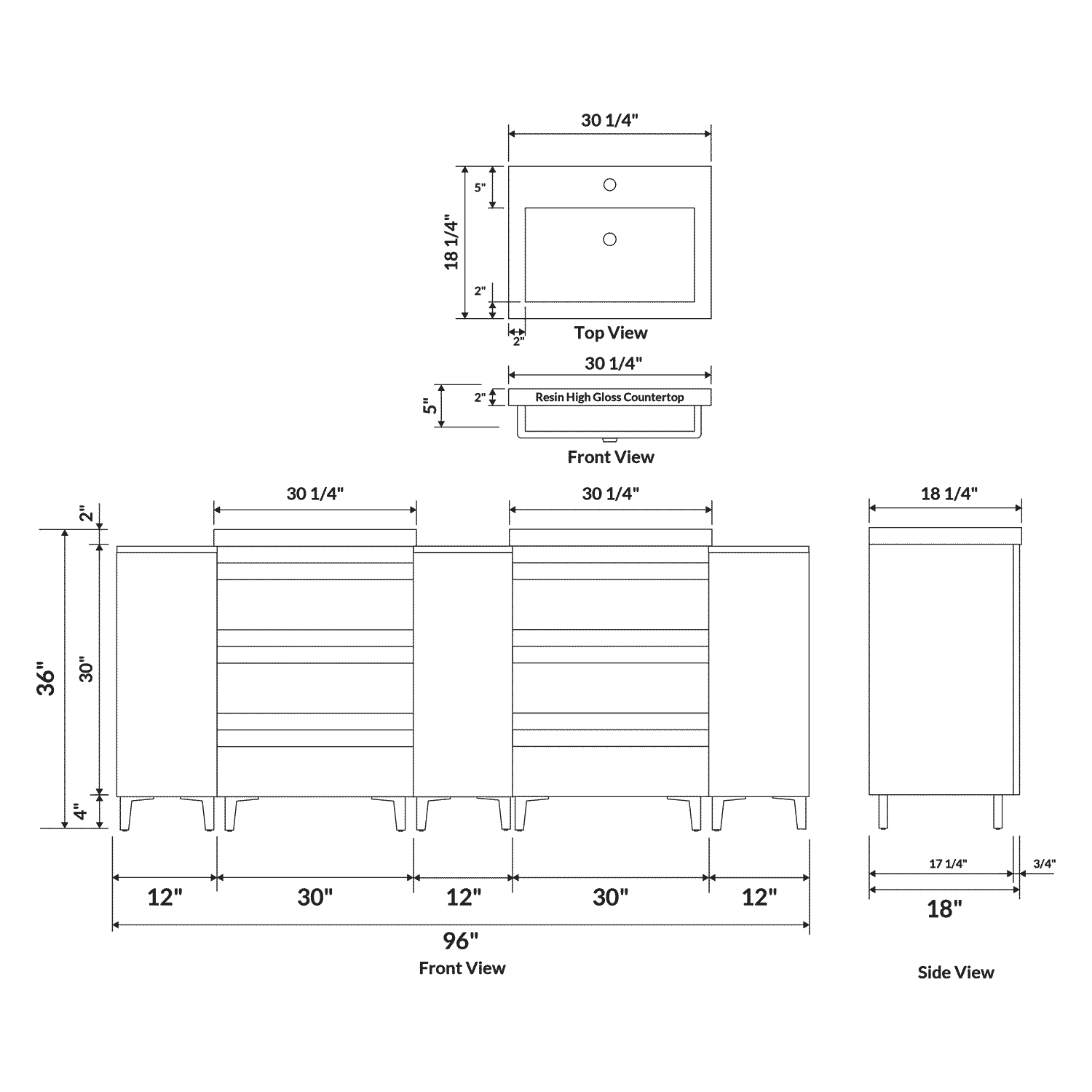 96’’ W Freestanding White Vanity Set with Two Sinks (LV8-C20B-96W) Style 8 - Bathroom Vanities