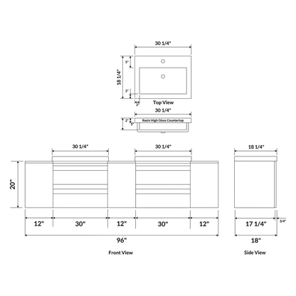 96’’ W Wall-Mount White Vanity Set with Two Sinks (LV8-C20W-96W) Style 8 - Bathroom Vanities