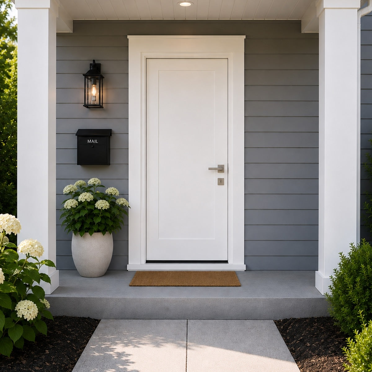 36 in. x 80 in. Fire Rated 1 Panel Shaker Unfinished White Prehung Fiberglass Exterior Door with Brickmold