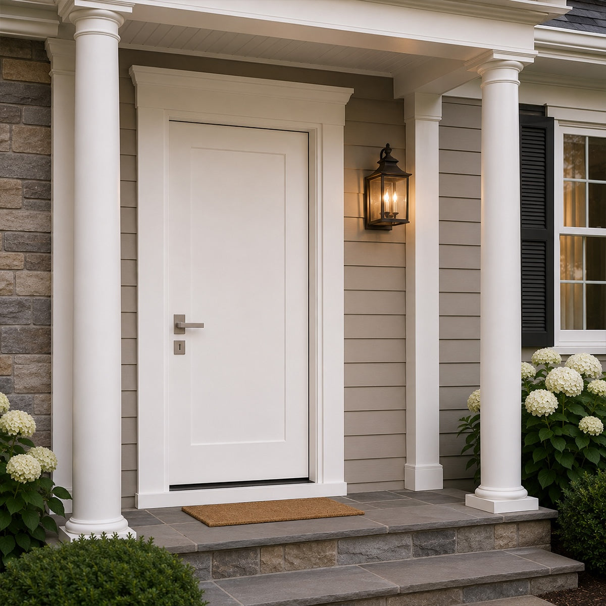 36 in. x 80 in. Fire Rated 1 Panel Shaker Unfinished White Prehung Fiberglass Exterior Door with Brickmold