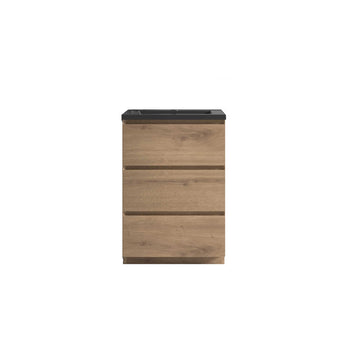 24" Freestanding Bathroom Vanity Oak Cabinet with Black Quartz Integrated Sink