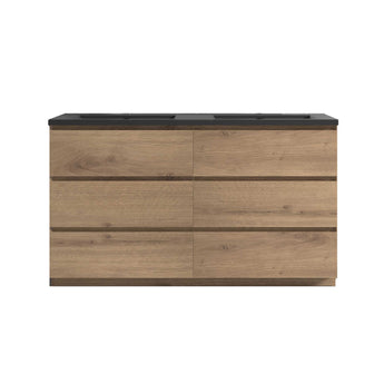 60" Freestanding Double Bathroom Vanity Oak Cabinet with Black Quartz Integrated Sink