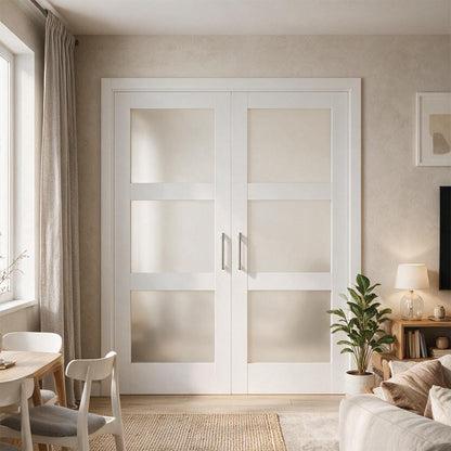 64 x 80 in. 3-Lite Shaker Solid Core Primed MDF Prehung Interior French Door