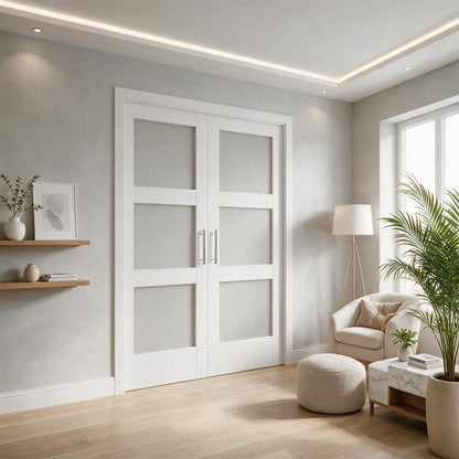 60 x 80 in. 3-Lite Shaker Solid Core Primed MDF Prehung Interior French Door