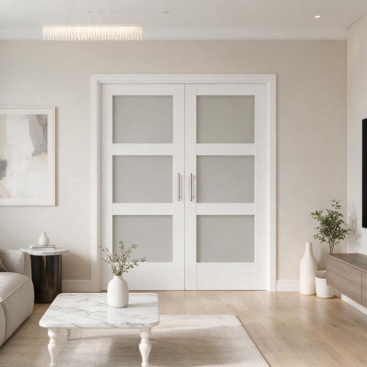 60 x 80 in. 3-Lite Shaker Solid Core Primed MDF Prehung Interior French Door