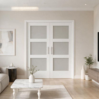 60 x 80 in. 3-Lite Shaker Solid Core Primed MDF Prehung Interior French Door