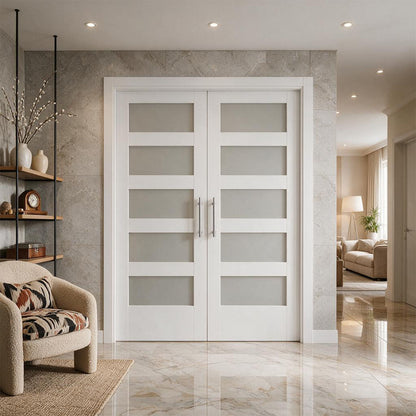 64 x 80 in. 5-Lite Shaker Solid Core Primed MDF Prehung Interior French Door