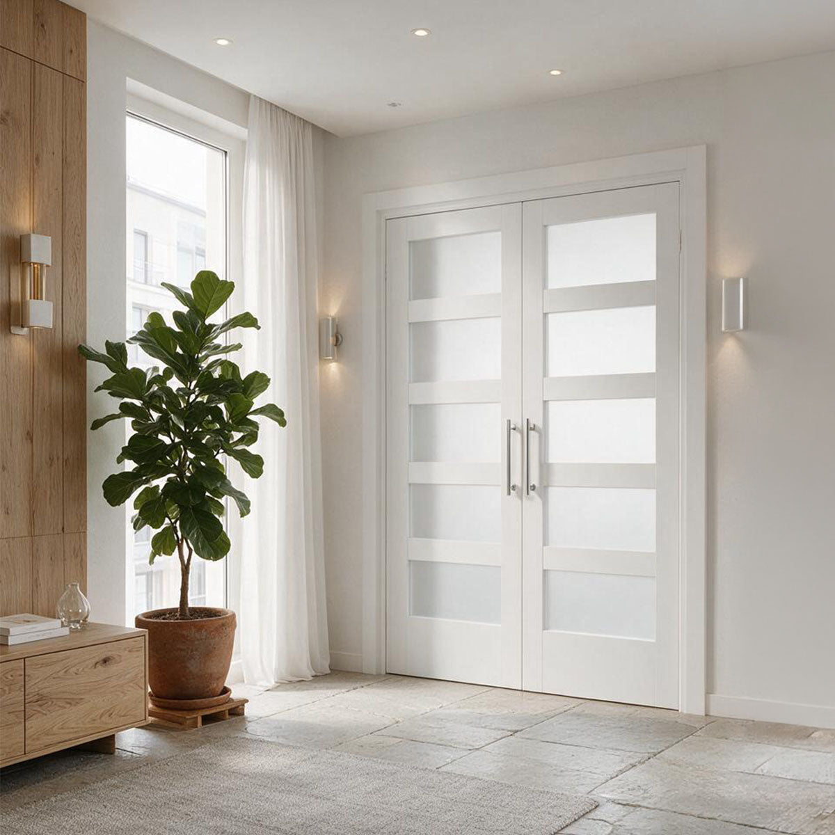 60 x 80 in. 5-Lite Shaker Solid Core Primed MDF Prehung Interior French Door