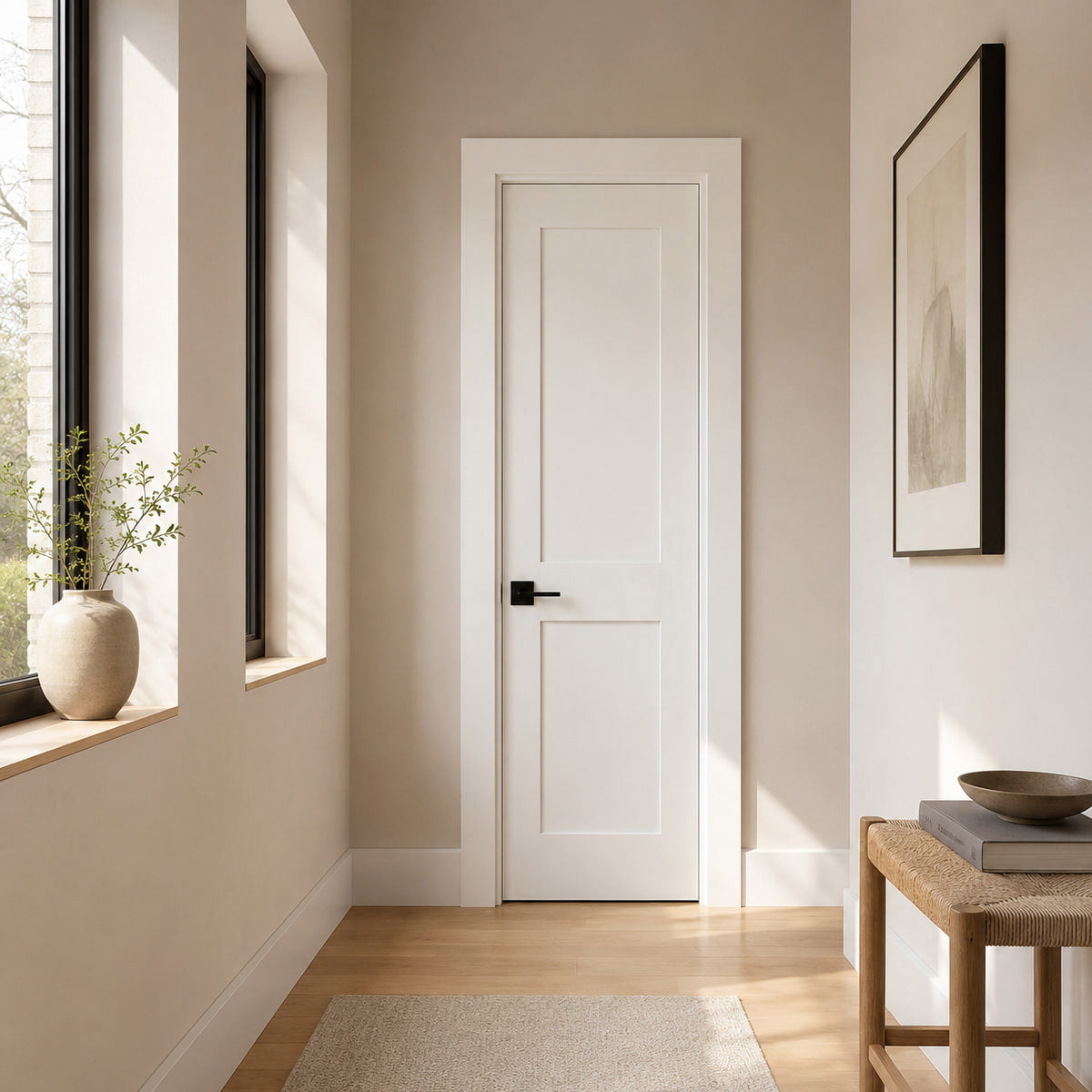 18 in x 80 in White 2-Panel Shaker Solid Core Primed MDF Prehung Interior Door