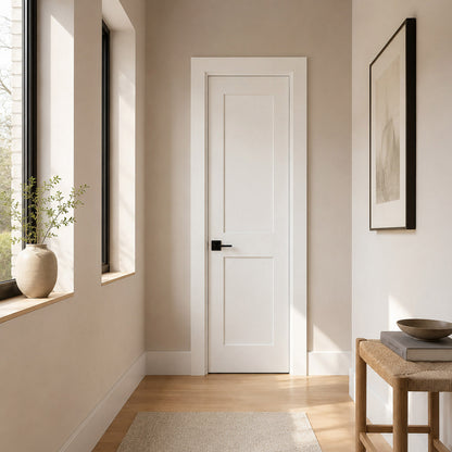 18 in x 80 in White 2-Panel Shaker Solid Core Primed MDF Prehung Interior Door