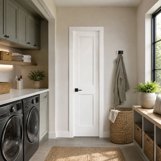 18 in x 80 in White 2-Panel Shaker Solid Core Primed MDF Prehung Interior Door