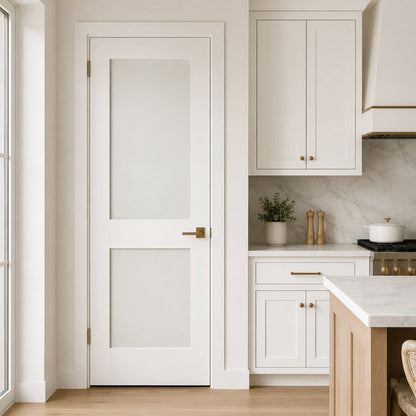 28 in x 80 in White 2-Panel Shaker Solid Core Primed MDF Prehung Interior Door