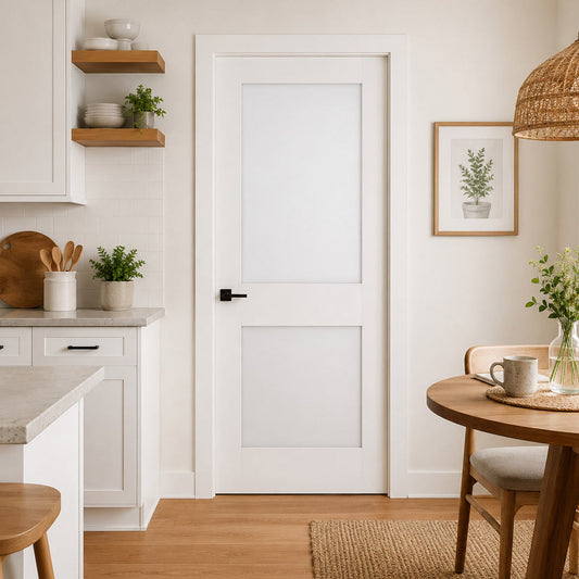 32 in x 80 in White 2-Panel Shaker Solid Core Primed MDF Prehung Interior Door