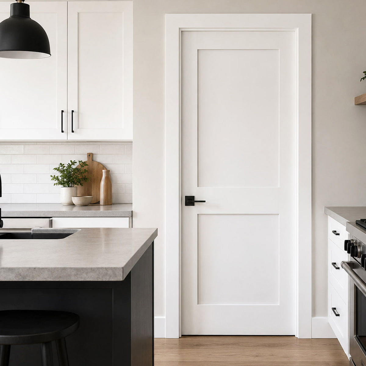 36 in x 80 in White 2-Panel Shaker Solid Core Primed MDF Prehung Interior Door