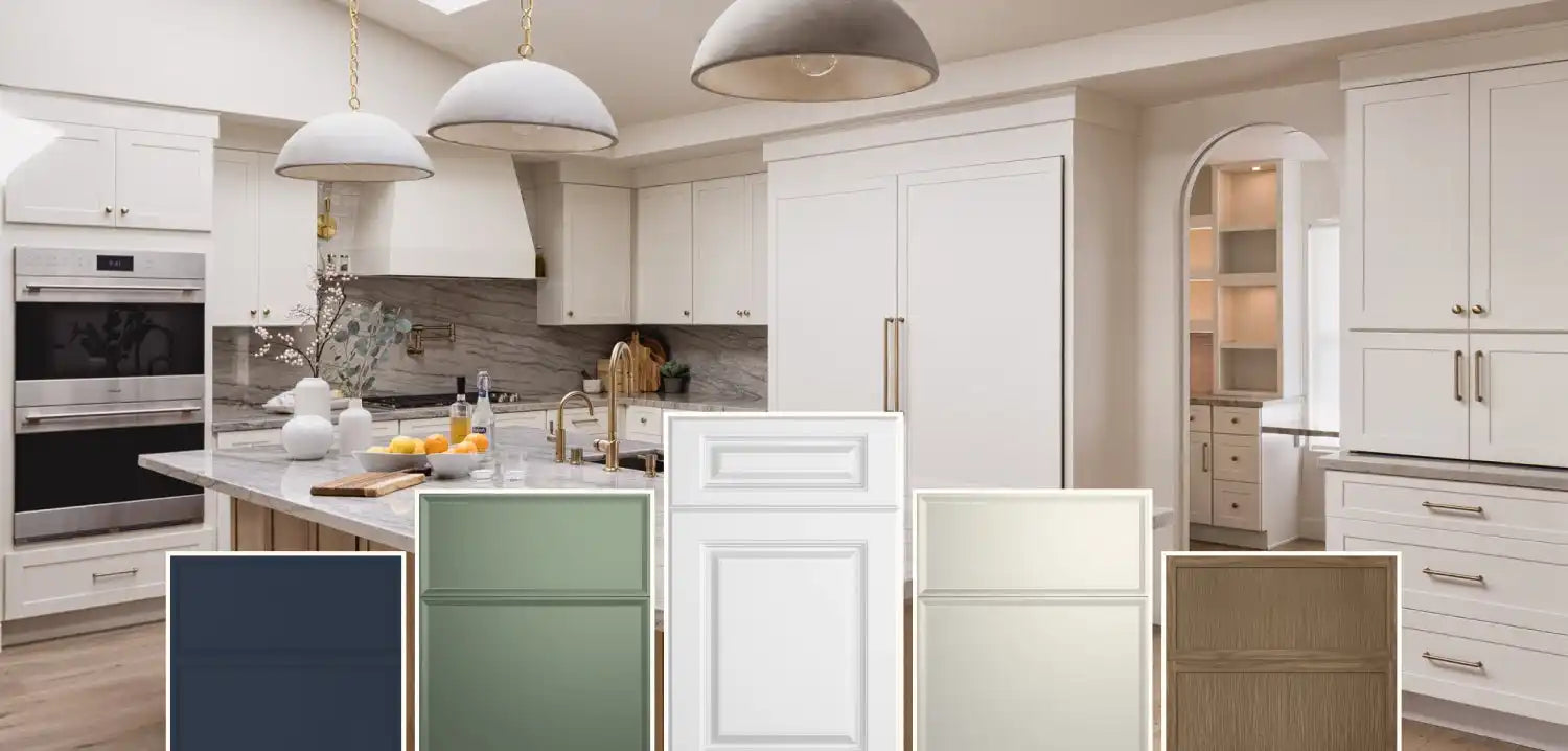 A bright, modern kitchen with white cabinetry and a selection of cabinet door samples.