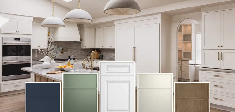 A bright, modern kitchen with white cabinetry and a selection of cabinet door samples.