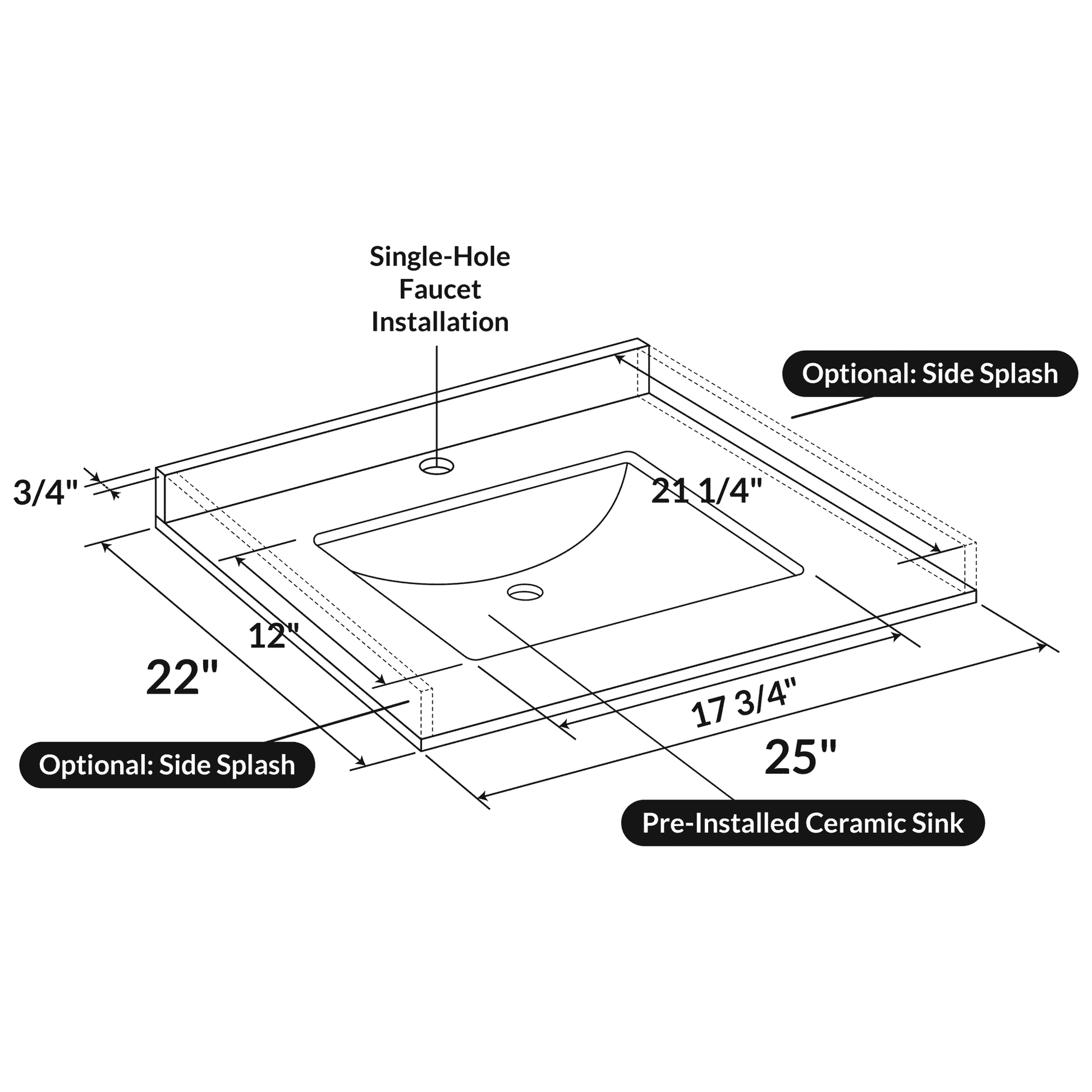 Cara White 25x22 Marble Vanity Top - Vanity Tops