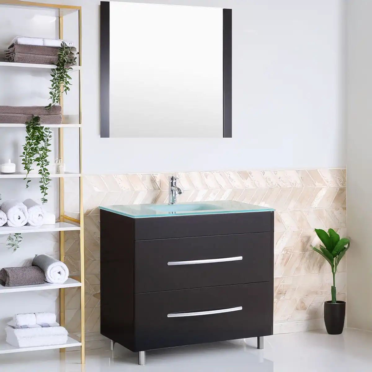 Dark brown vanity with a light blue glass basin and two drawers.