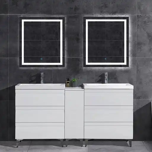 Double vanity bathroom cabinet with integrated sinks and lighted mirrors