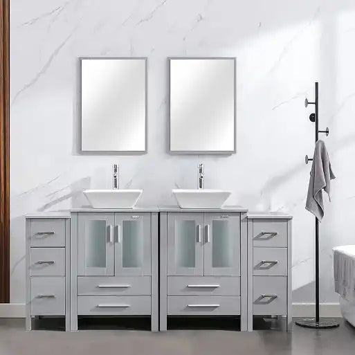 Double vanity bathroom cabinet set with vessel sinks and mirrors