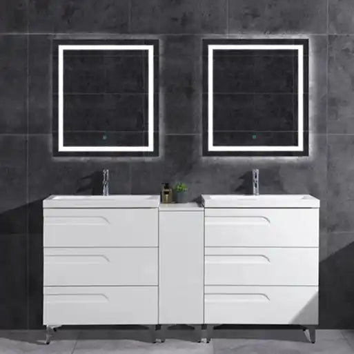 A double vanity bathroom cabinet with two sinks, two illuminated mirrors, and ample storage drawers.