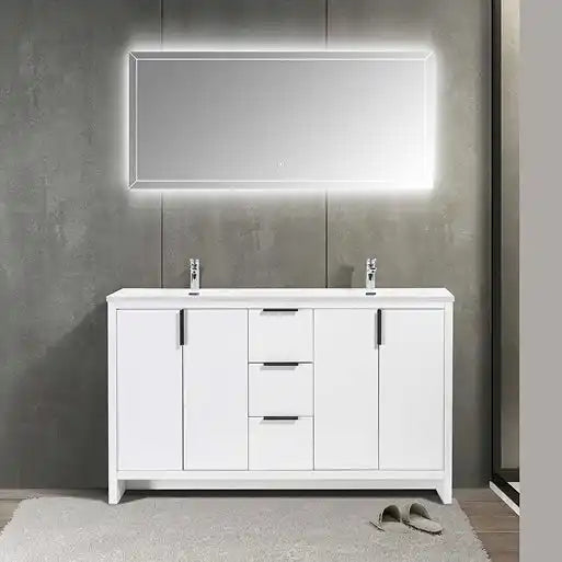 A double vanity with a bright, rectangular, back-lit mirror above it.
