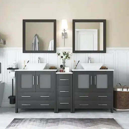 A double vanity with dark gray cabinets, white rectangular vessel sinks, and square mirrors.
