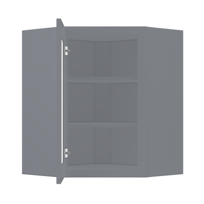 Frosted Glass Diagonal Corner Wall Kitchen Cabinet DCMD2430 Colonial Gray LessCare 24 in. width 30 in. height 12 in.