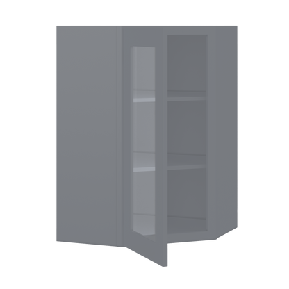 Frosted Glass Diagonal Corner Wall Kitchen Cabinet DCMD2436 Colonial Gray LessCare 24 in. width 36 in. height 12 in.